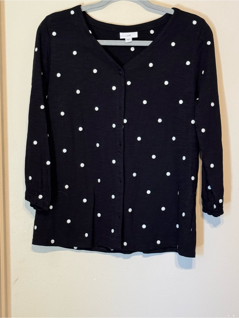 J-Jill Black  Cotton Embroidered Button-Front Polka Dot Lightweight Cardigan